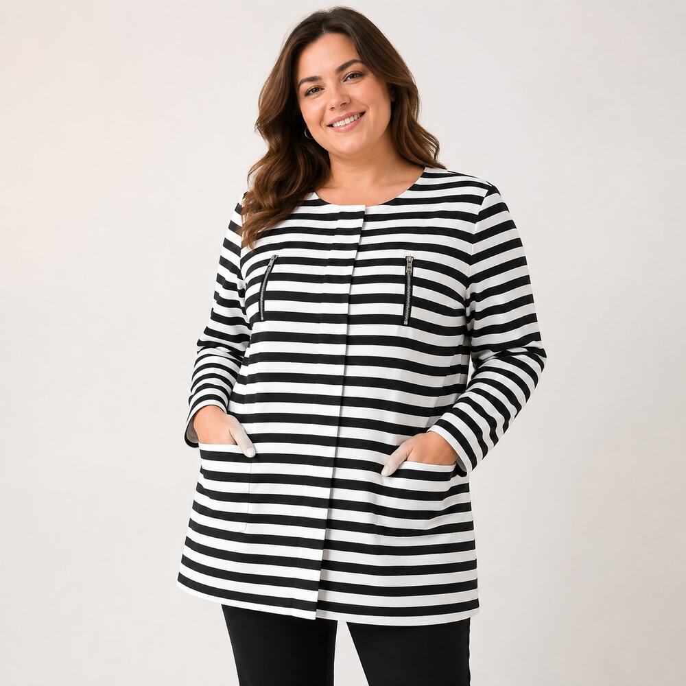 Halogen Jacket Black White Striped Women's 16W Nautical Classic Minimalist Coat